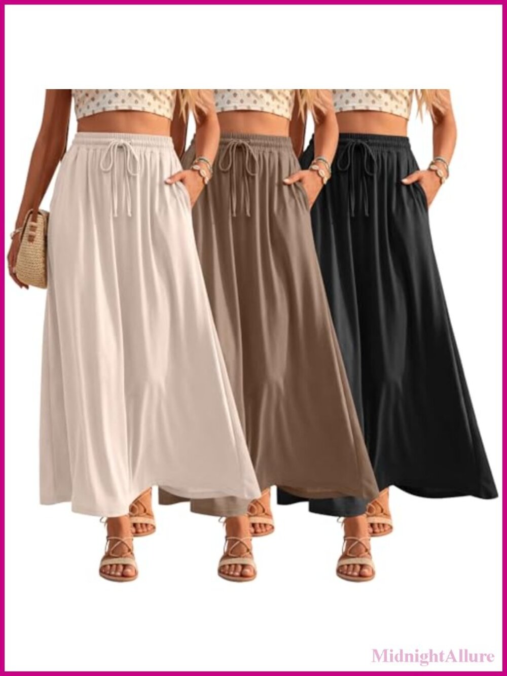 Women's Flowy Maxi Skirt with Pockets, Drawstring Waist Casual Long Skirt